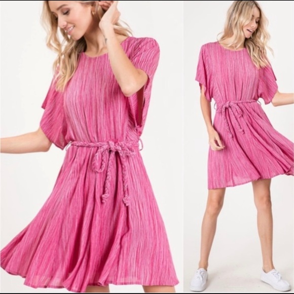 New! Clearance 🔥 Fuchsia Pink Braided Waist Rope Flutter Sleeve Dress - Picture 2 of 4
